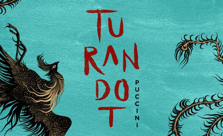 Kuvassa on turkoosilla pohjalla maalattu vasemmalla ruskea riikinkukko ja keskellä punaisin kirjaimin Turandot jaettuna neljälle riville. Vasemmalla on riikinkukon pyrstöä.