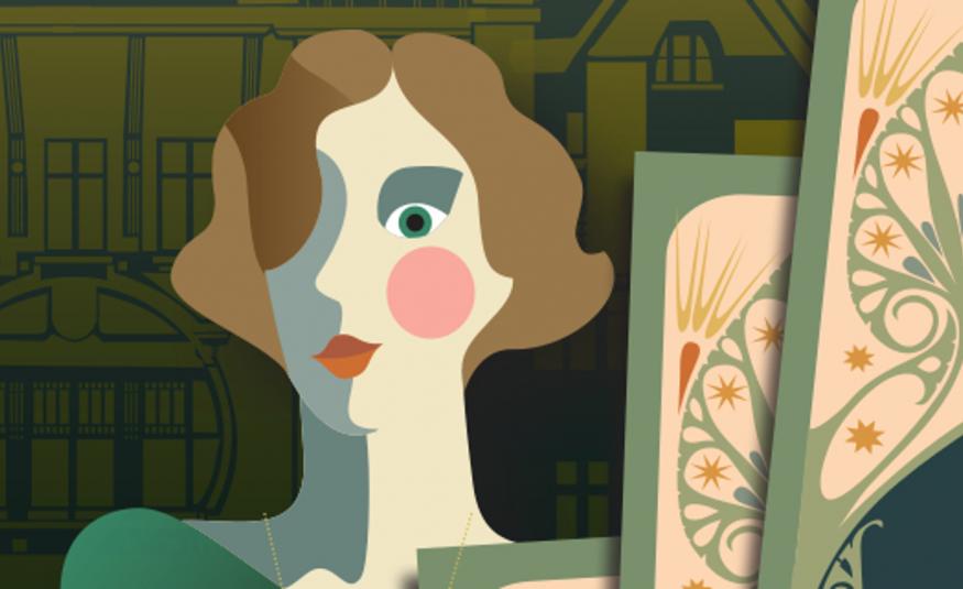 Kuvassa on piirroskuva, jossa on naisen kasvokuva ja se on kuvitettu ruskeatukkaisena ja kasvoissa on siniharmaata vasemmalla ja vaalean keltaista oikealla. Sillä osalla on silm, vaalean punainen pyöreä poski. Taustalla on tumman vihreää vanhan aikaista rakennuksen julkisivua, jossa on korkeita moniruutuisia ikkunoita.