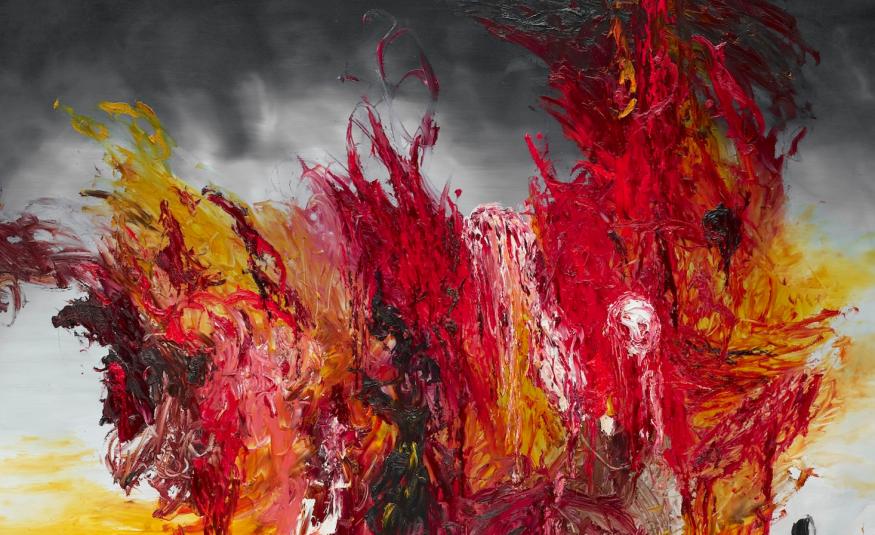 Kuvassa on tummaa ja tumman punaista kuviota luolassa, joka heijastuu alaspäin.