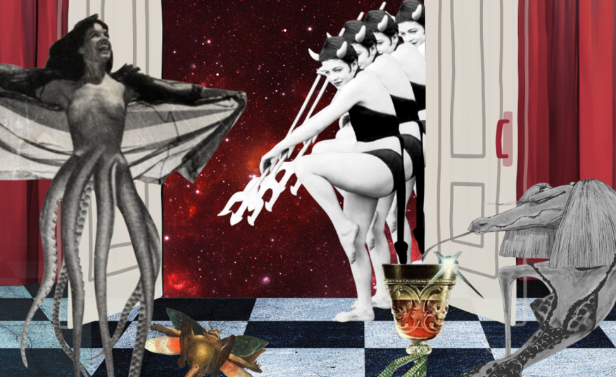 Kuvassa on vasemmalla harmaa nainen alastomassa yläruumiissa jaalaosa mustekalan lonkeoita . Oikealla on rivi naisia tanssimassa musta-valkoisissa bikiniasuissa ja keihäs kädessään.  Taustalla on tumman punaista seinää, jossa on valkoinen ovi auki. Ympärillä on ötökkähahmoja.