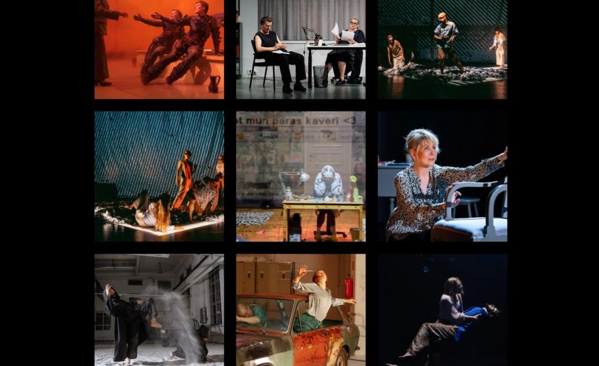 Kuvassa on tummalla pohjalla yhdeksän ruutua ja niissä on eri taidemuotoja kuvattuna. 