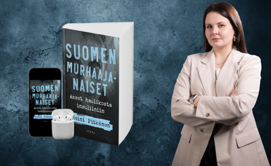 Kuvassa on vasemmalla kirjan kansi ja sen vieressä kännykkä ja molemmissa on harmaan sinisellä otsikko Suomen murhaajanaiset. Oikealla on vaalean ruskeassa jakussa Heini Pitkänen.