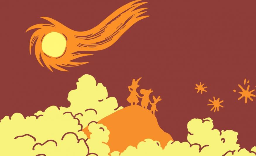 Kuvassa on ruskeaa taivasta ja alla keltaisia pilviä. Pilvien välissä on vaalean ruskea kumpu. Kummun päällä on kolme muumihahmoa. Kuva on osa levyn kannesta.