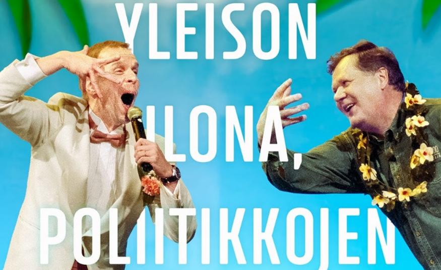 Kuvassa on vasemmalla Jukka Puotila mikki oikeassa kädessä vasemmalla kädellään hän tekee sormien haristusta. Hänellä on vaalea takki päällään. Vasemmalla on tummassa paidassa oleva miesoikea käsi edessään.  tausta lla vaalean sinistä ja kirjan nimeä Yleisön ilona, poliitikkojen. Kuva on osa kirjan kannesta.