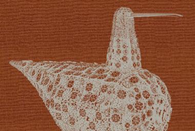 Kuvassa on ruskealla pohjalla vaalean harmaa pilkullinen   lintu, jolla on pullea vatsa, ohuempi kaula ja kapea nokka. Linto on sivuttain.