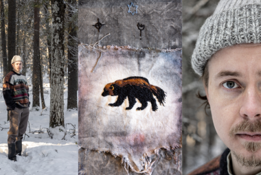 Kuvassa on kolme osaa. Vasemmalla seisoo Janne Kinnunen harmaassa villapipossa ja burgundin sekä harmaan värisessä villapaidassa talvisessa mäntymetsässä. Keskellä on harmaata risaista kangasta ja siinä on keskellä ruskea ahma. Oikealla on Janne Kinnusen kasvokuva harmaa pipo päässään.   