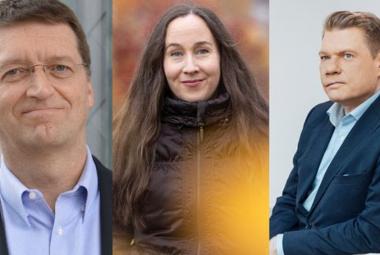 Kuvassa on kasvokuvassa kolmena erillisenä kuvana vasemmalla Tuomas Sandholm, Outi Tarkiainen pitkine tummine hiuksineen ja Timo Miettinen puolivartalokuvassa tummassa takissa.