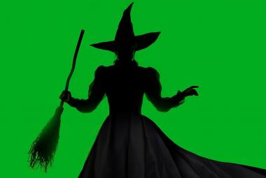 Kuvassa on musta naisen noitamainen hahmo, jolla on noitahattu, leveä helmainen mekko ja oikeassa kädessään luuta. Tausta on vihreä.