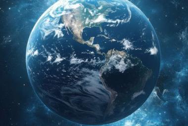 Kuvassa on maapallo sinisenä planeettana, jossa näkyy mantereita ja valkoisia pilviä. Taustalla on sinistä avaruutta.