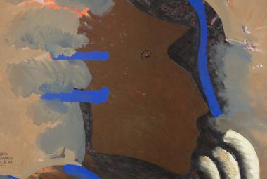 Kuvassa on teos, jossa on kellertävän ruskeata, pilvimäistä harmaata ja ruskeata väripintaa. Alhaalta tulee kolme sormimaista, valkoista koukkua ja oikealla harmaan ruskeaa pintaa.