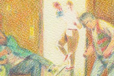 Kuvassa on rakeisesti tehty piirros, jossa on vasemmalla vihreisiin pukeutunut mies istumassa ja oikealla seisoo toinen mies. Seinät ovat keltaruskeita vouliksi ja puoliksi vaalean keltaisia.