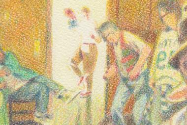 Kuvassa on rakeisesti tehty piirros, jossa on vasemmalla vihreisiin pukeutunut mies istumassa ja oikealla seisoo toinen mies. Seinät ovat keltaruskeita vouliksi ja puoliksi vaalean keltaisia.