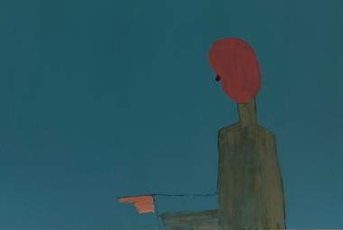 Kuvassa on tumman sinisellä pohjalla oikealla puolivartalokuvassa tumma, hoikka hahmo, jolla on punaiset hiukset.