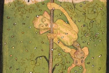 Kuvassa on vihreällä pohjalla kapeaa puunrunkoa pureva luurankomainen ihmishahmo. Tausta on vihreä ja siinä on valkoisia putoilevia, pieniä lehtiä.  Reunat ovat mustia.