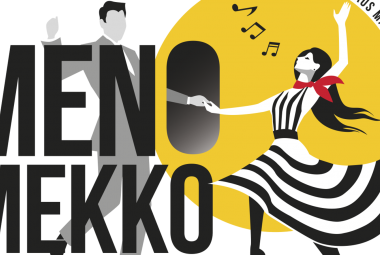 Kuvassa on isoin kirjaimin Menomekko ja taustalla on piirroskuvana vasemmalla harmaassa puvussa tanssiva mies, joka pitää kädestä musta-valkoraitaisessa mekossa tanssivaa naista. Takana on keltainen iso ympyrä ja siinä on naisen yläpuolella mustia nuotteja.