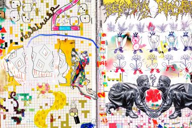 Kuvassa on teos, joka on jaettu kahtia keskeltä. molemmissa on pieniä piirroksellisia yksityiskohtia. Oikean puoleisessa on alhaalla kaksi mustaa henkilöä vastakkain kyykyssä.   