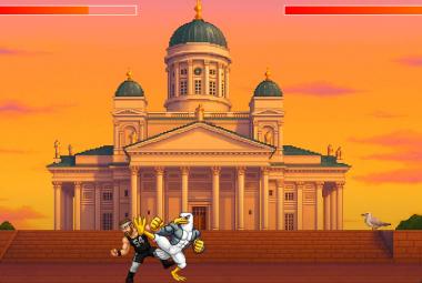 Kuvassa on Helsingin tuomiokirkko ja kuvan sävy on oranssi. Portaat ovat punaiset. Edessä keskellä on kaksi taistelijaa, joista toinen on valkoinen ja toinen keltainen.