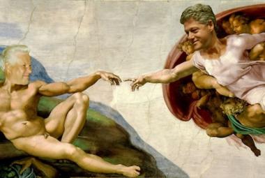 Kuvassa ovat vasemmalla makaamassa alaston kuvassa Da Vincin kuvaan vaihdettu Jeltsinin pää. Hän kurottaa vasemmalla kädellään oikealla olevan vastaavan miehen kehoon liitetyllä Clintonin päällä. Hänen taustallaan on pikku enkeleitä. Tämä mies kurottaa oikealla kädellään toisen kättä kohti. Taustalla on harmaata kalliota.