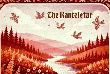 Kuvassa on ruskeissa vilja-aiheisissa raameissa punaiset metsäiset mäet ja niiden keskellä joki ja kauempana vaaleita tuntureita Yläpuolella lentää ruskeitä lintuja sekä oikealla ylhäällä The Kanteletar.