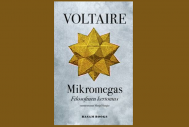 Kuvassa on kirjan kansi, jossa on mustalla nimi Voltaire ja sen alla ruskehtava tähtimäinen, kolmiulotteinen kuvio. Sen alla on nimi Mikromegas ja sen alla Filosofinen kertomus. Tausta on ruskea.