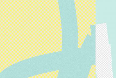 Kuvassa on  suurin osa turkoosi-keltaruudullista pohjaa ja oikealla vaaleata turkoosia. Lähes keskeltä tulee leveä turkoosi raita ja vinosti ylimenevää raitaa. Oikealta alhaalta tulee vaalea raita ylöspäin. Kuva on osa julisteesta.