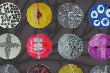 Kuvassa on tummalla pohjalla eri värisiä ympyröitä, joissa on erilaisia kuvioita. Kuva on osa kirjan kannesta.