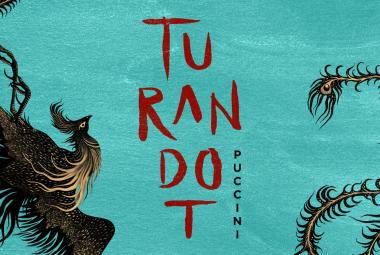 Kuvassa on turkoosilla pohjalla maalattu vasemmalla ruskea riikinkukko ja keskellä punaisin kirjaimin Turandot jaettuna neljälle riville. Vasemmalla on riikinkukon pyrstöä.