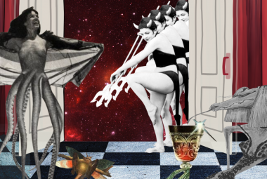 Kuvassa on vasemmalla harmaa nainen alastomassa yläruumiissa jaalaosa mustekalan lonkeoita . Oikealla on rivi naisia tanssimassa musta-valkoisissa bikiniasuissa ja keihäs kädessään.  Taustalla on tumman punaista seinää, jossa on valkoinen ovi auki. Ympärillä on ötökkähahmoja.