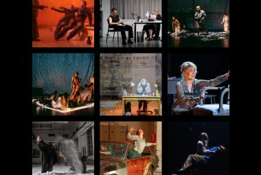 Kuvassa on tummalla pohjalla yhdeksän ruutua ja niissä on eri taidemuotoja kuvattuna. 