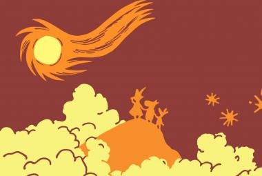 Kuvassa on ruskeaa taivasta ja alla keltaisia pilviä. Pilvien välissä on vaalean ruskea kumpu. Kummun päällä on kolme muumihahmoa. Kuva on osa levyn kannesta.