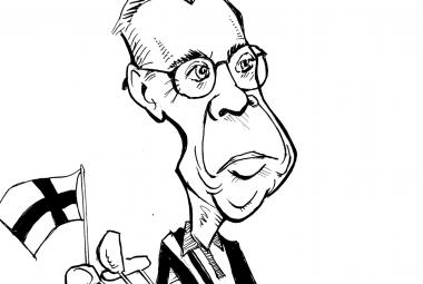 Kuvassa on musta-valkoinen karikatyyrinen piirroskuva Alexander Stubbista ja selässä on golfbägi, jossa on Suomen lippu.