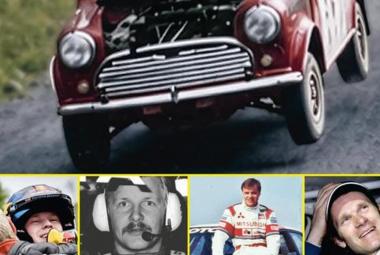 Kuvassa on yläosassa punainen vanha rallimihi konepelti auki vinossa hiekkatiellä.  Alla on pieniä neljä pientä kuvaa voittaneista ralliautoilijoista joko kypärä päässään tai valkoisessa haalariasussa. Kuva on osa kirjan kannessa.
